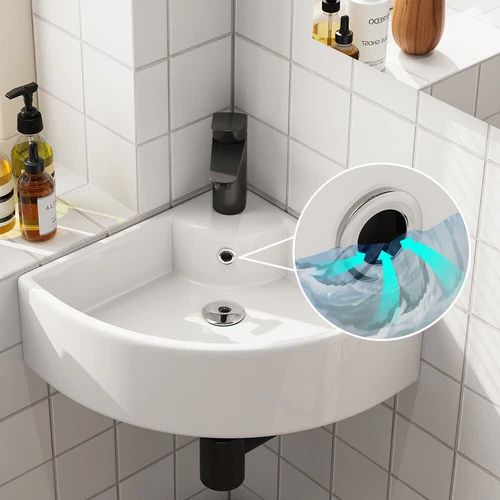 Eck Waschbecken Keramik mit Überlauf Hahnloch Waschtisch Keramikspülen 46x33x13c - Bild 3 von 11