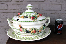 1970 French porcelain  soup tureen bowl on plate with vegetables fruit decor