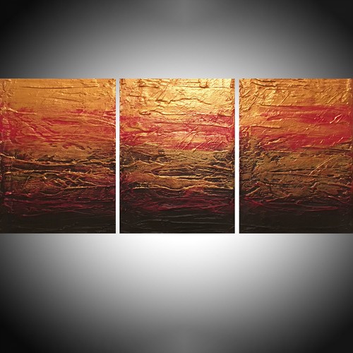 Acryl Gemälde Leinwand Triptychon Künstler Abstrakt 3 Tafeln Kunstwerk Gold Rot - Bild 1 von 3