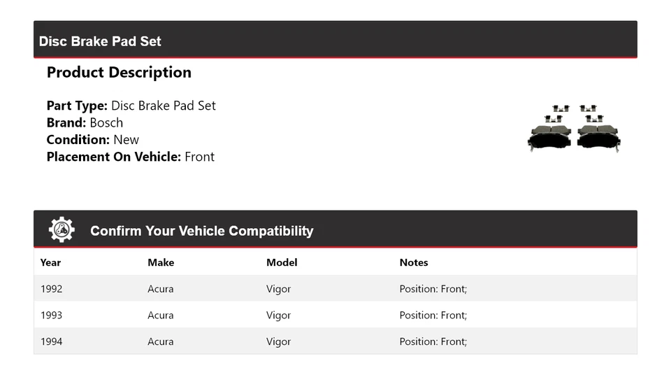 Pastillas de freno de cerámica azul con herrajes delanteras 1993 para Acura Vigor Bosch 1992-1994 Foto 2 de 4