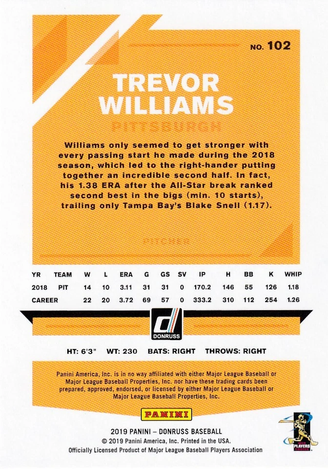 2019 DONRUSS PINK HOLO TREVOR WILLIAMS PITTSBURGH PIRATES PARALLELS - P2462 - Image 2 of 2