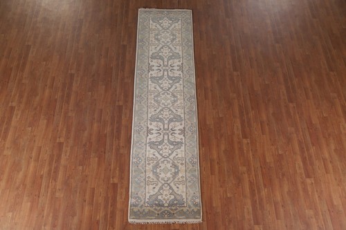 Ivory/ Light Blue Oushak Indian Narrow Runner Rug 2' 7" x 10' 1" Handmade Carpet - Picture 2 of 12
