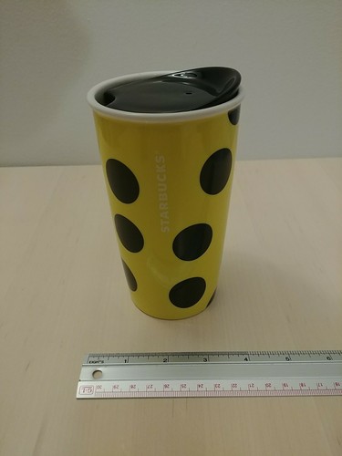 Starbucks 2015 Yellow Polka Dot Mermaid Ceramic Tumbler Traveler Mug 12 Ounce - Picture 2 of 7