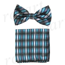 New Men's Pre-tied Bow tie  hankie green silver stripes striped wedding formal