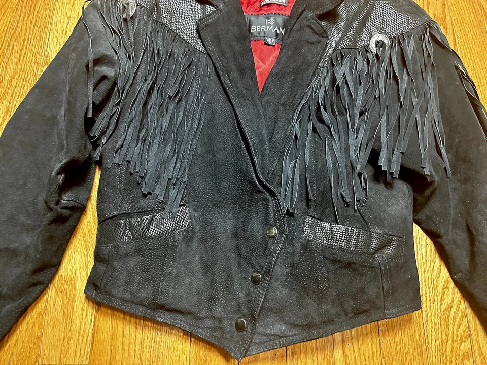 Chaqueta de motocicleta vintage Bermans de cuero gamuza recortada flecos occidentales para mujer’s S Foto 2 de 4