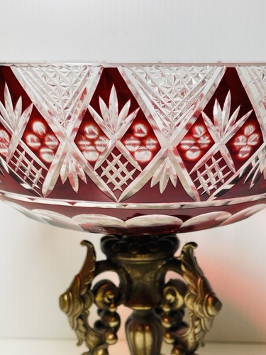 Vintage Red Cut Glass Candy Fruit Bowl Brass stand Ornate Grape - Picture 2 of 12