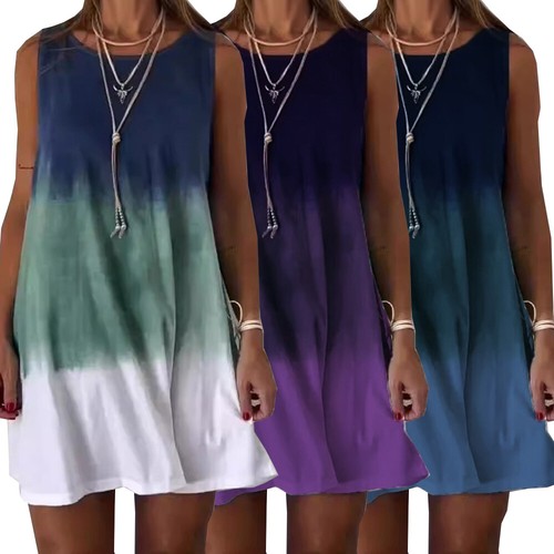 Women Summer Loose Sleeveless Gradient Print Dress Casual O Neck Beach Sundress - Picture 3 of 15
