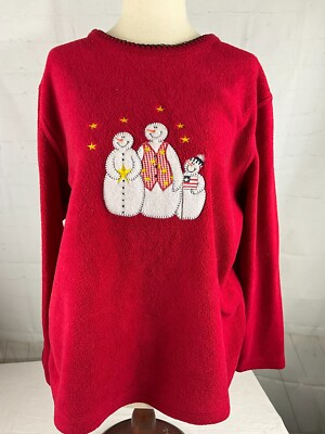 Women s C.D. Sports Holiday Christmas Pullover Fleece Sweater Size Small Red EUC