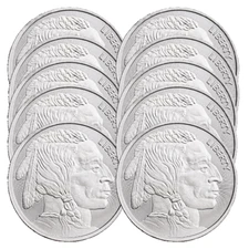 Lot of 10 - Buffalo Indian 1 oz .999 Fine Silver Elemetal Round