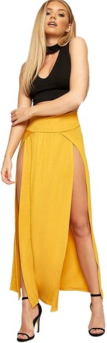 Women Ladies Double Side Slit Split Plain Black Stretchy Gypsy Maxi Long Skirt - Picture 14 of 28