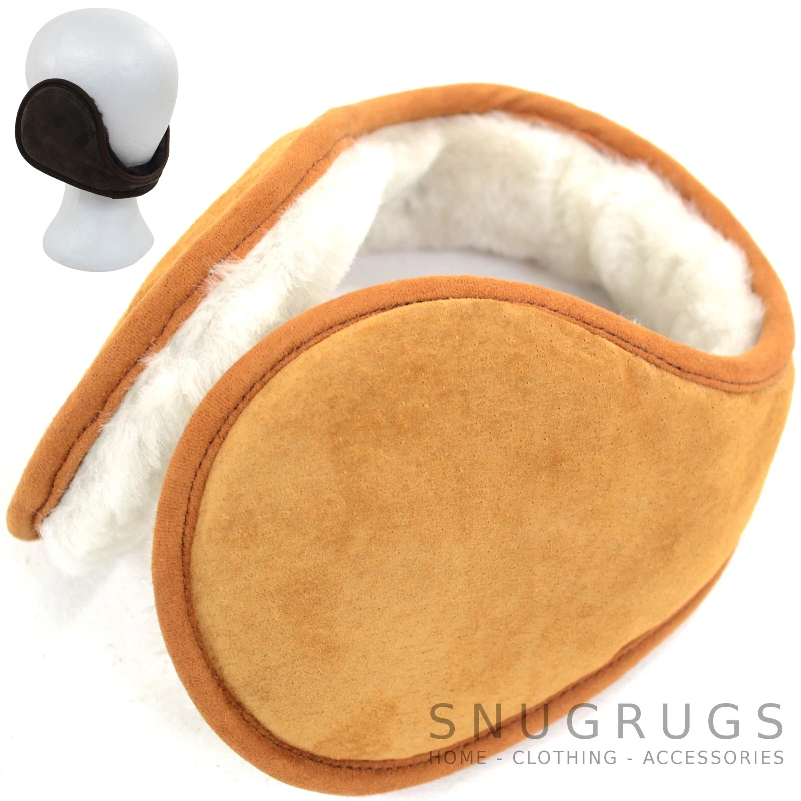 Mens Ladies Winter Sheepskin Lined Suede Wraparound Earmuffs