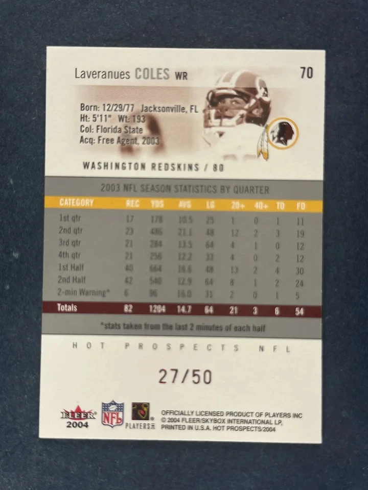 2004 Fleer Hot Prospects Red Hot #70 Laveranues Cole Redskins /50 - Image 2 of 2