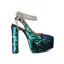 Women's Sequins Glitter Sandals High Block Heel Platform Formal Party Show Shoes