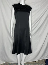 Brooks Brothers Dress Fit Flare Midi Women's 12 Black Beaded Trim Sleeveless LBD