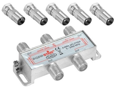 Poppstar Sat-Verteiler 4-fach, 100dB, 5-2450 MHz, inkl. IEC Adapter