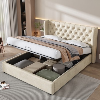 Lit double 140x190 beige hydraulique sommier lattes rangement velours