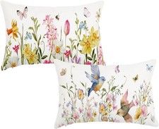 Spring Pillow Covers 12x20 Inch Set of 2 Summer Floral Flower Bird Butterfly