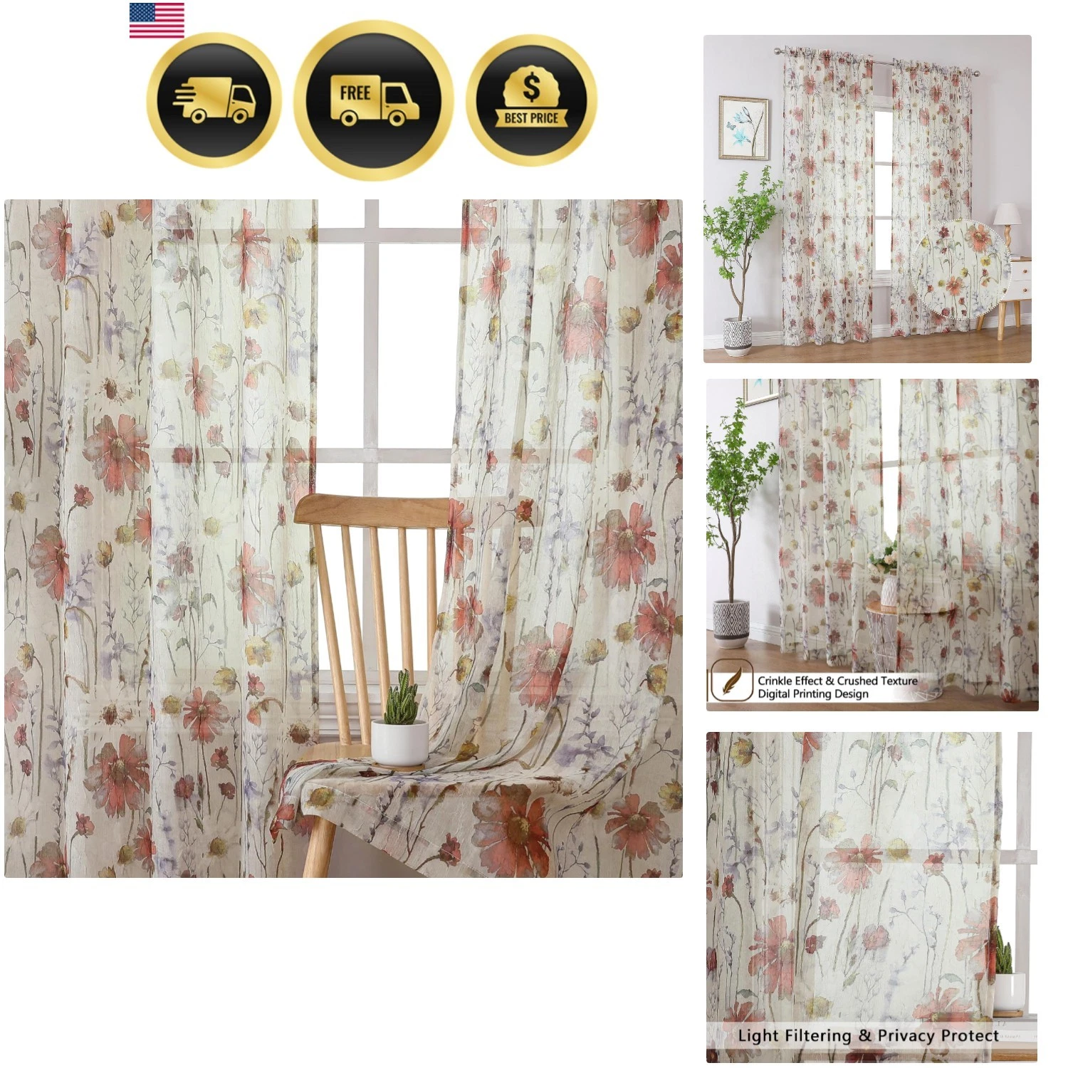 Sheer Floral Curtains 84 Inch Length 2 Panels Set Light Filtering Room Decor