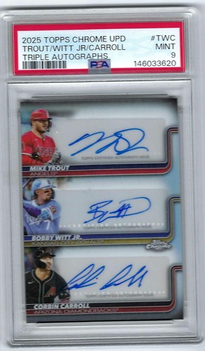 2025 Topps Chrome Update Trout Witt Jr Carroll PSA 9 Triple Autograph /25