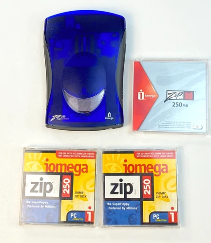 Iomega Zip 250 Z250USBpc w/3 Disks  Disk Drive USB Powered- Not Tested Stuck Dsk