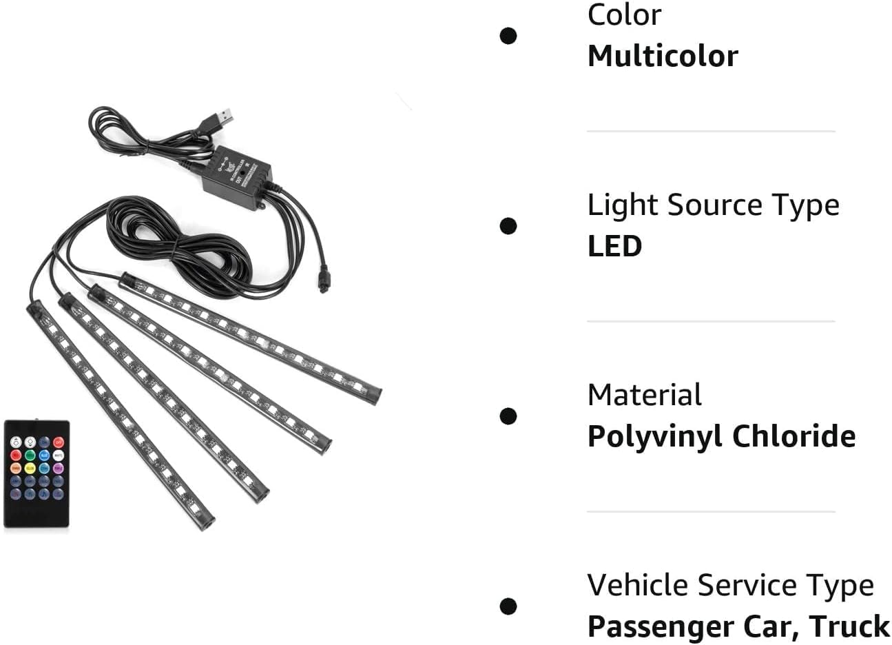 4Pcs 48 LED Car Interior Strip Lights with Multicolor Music Sync