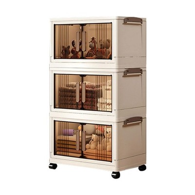28''H Stackable Storage Cabinet with Doors & Wheels, Adjustable 3 Tier