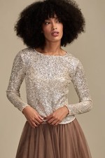 Lucky Brand Sequin Long Sleeve Top Champagne Silver Beige Women's Medium M