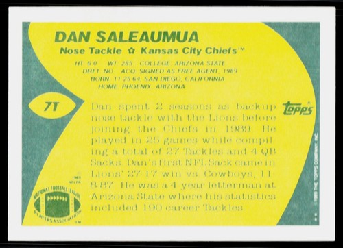Dan Saleaumua, 1989 Topps negociado, #7T, Kansas City Chiefs, - Imagen 2 de 2