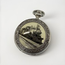 Vtg Quartz TRAIN POCKET WATCH Untested Needs Battery Silver Tone Train Print