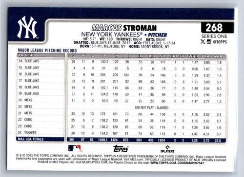 2025 Topps Serie 1 - Marcus Stroman #268 - Foto 2 di 2