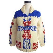 Vintage 50s Cowichan Style Wool Cardigan Womens Small Totem Hand Knit Zip