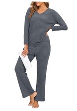 Womens Pajama Sets Long Sleeve Lounge Set 2 Piece Pajamas Fall Large Dark Gray