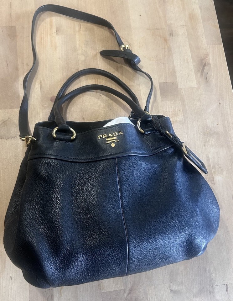Prada Vitello Daino Black Leather Satchel Tote Shoulder Bag vtg