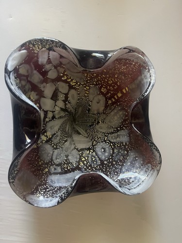 MCM Murano Art Glass Centerpiece Hand Blown Dark Purple Silver & Gold - Picture 4 of 6