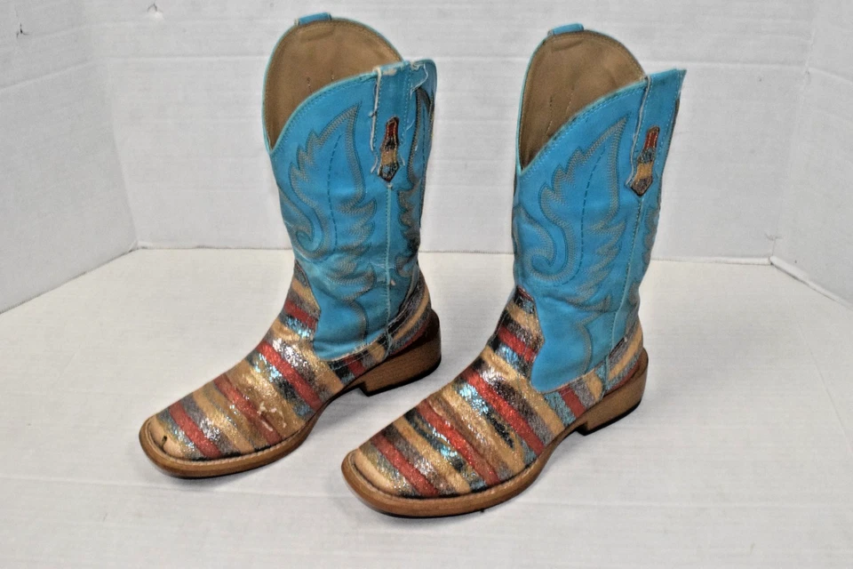 Botas de Vaquero Western Vintage Roper Talla 5.5 Rayas Brillantes Turquesa Usadas Foto 2 de 4