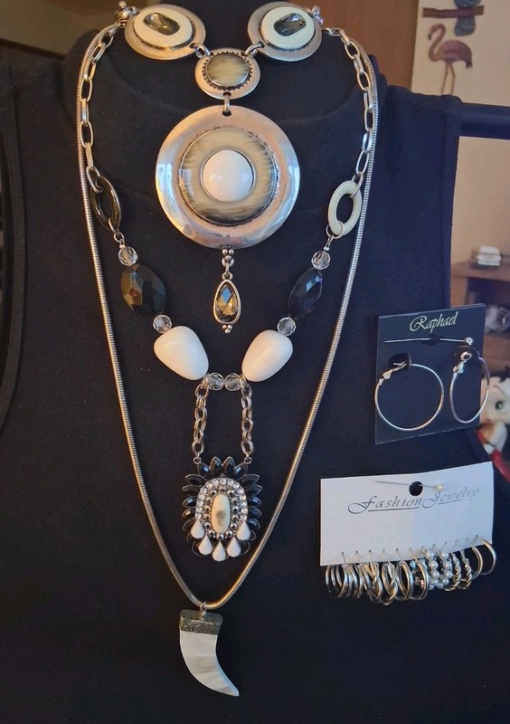 Lot Of 10 - 3 Statement Necklaces 7 Pairs Of Pierced Hoops Mixed Jewelry 