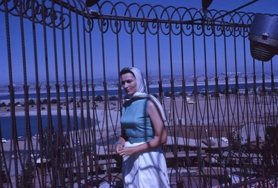 Vintage Slide 1962 Woman Headscarf Scenic Overlook Bay Coast Travel Fashion