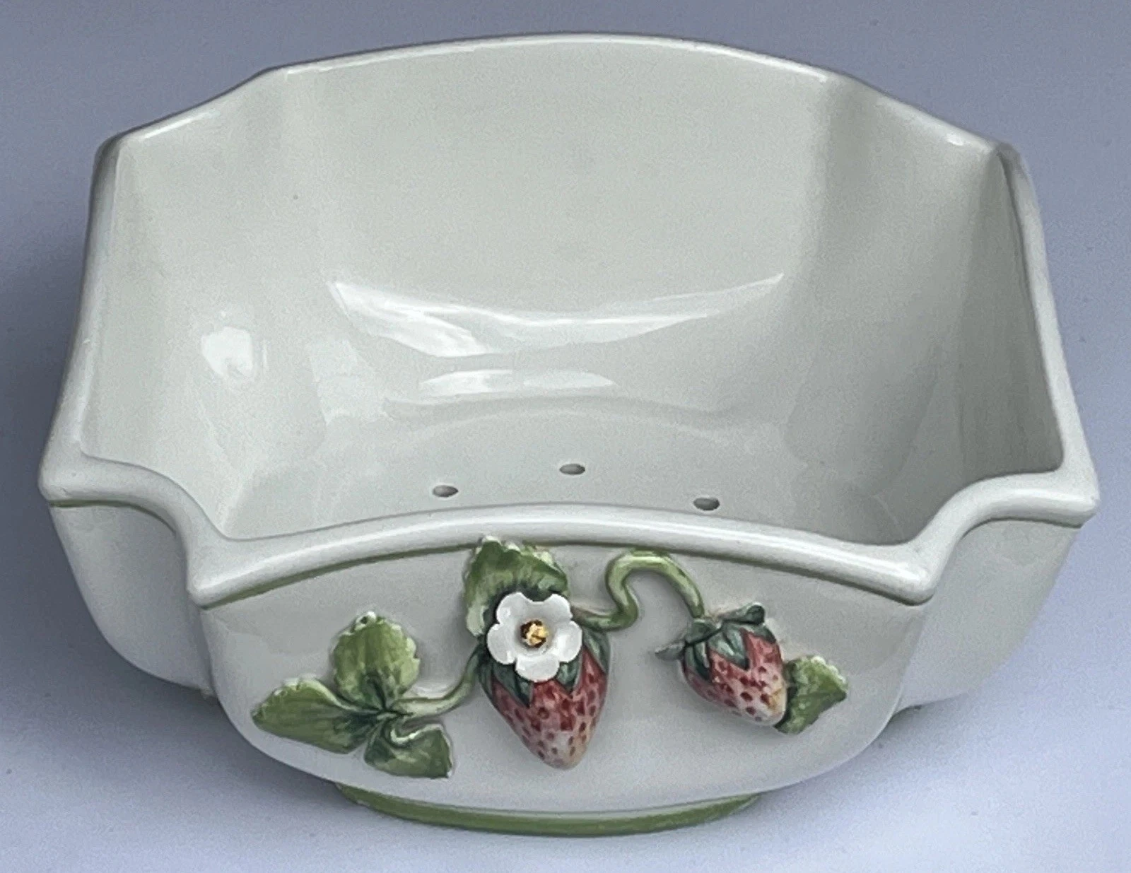 Vintage Italian Strawberry Berry Bowl Colander Hand Painted Ceramic