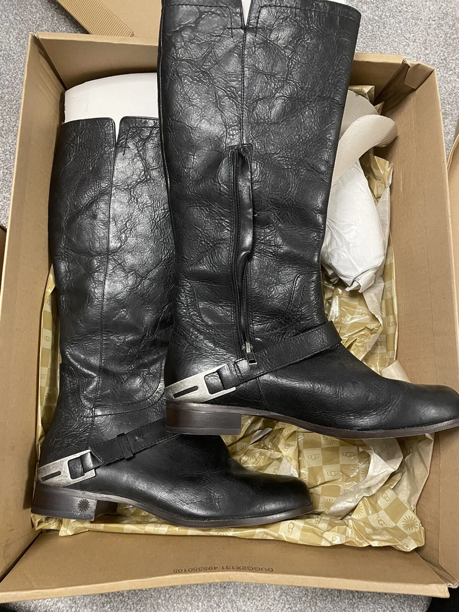 Ugg Channing II Long Black Leather Boots with buckle detail UK 6.5