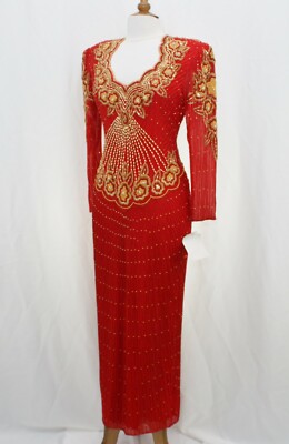 JASDEE Vintage Beaded Gown Long Sheer Sleeve Sweethaert Neck On Silk Style 1900