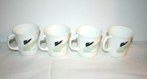 VTG USA Set of 4 Lot Corning White Black Green Lily Floral Mugs Tea/ Coffee Cups