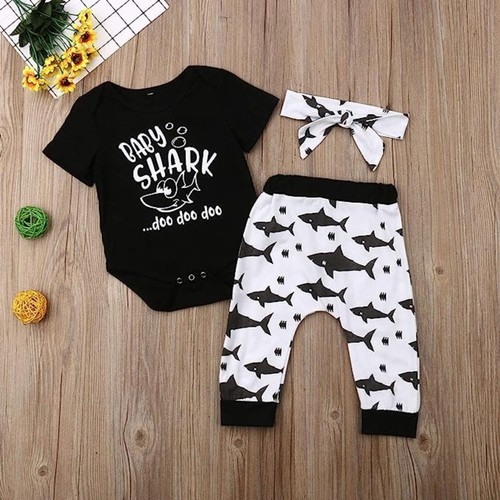 Baby Cute Shark Romper Jumpsuit Bodysuit Long Pants Headband (Black, 0-3 Months) - Picture 4 of 4