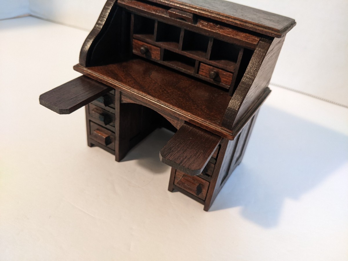 Vintage Miniature Roll Top Desk 1:12 Antique Wood Handmade All