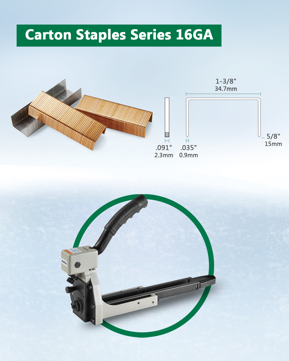 meite HB3515 13/8" Crown 5/8in length Manual Carton Closing Stapler