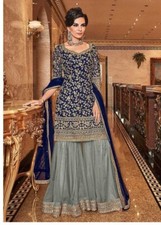 New Indian Wedding Embroidered Sahara Suit saree sari, blue, size Small