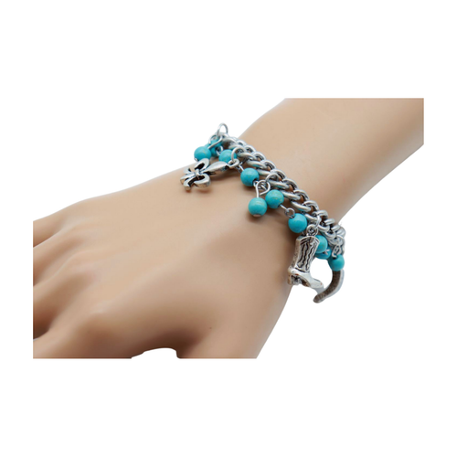 Women Silver Metal Chain Bracelet Western Sheriff Boot Charm Turquoise Blue Bead - Picture 15 of 19