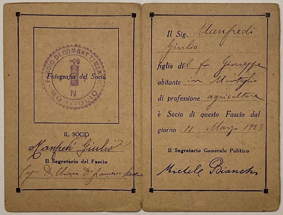 MONTIGLIO ASTI PARTITO DI GOVERNO TESSERA F. DI COMBATTIMENTO A.II° 1923 - Immagine 3 di 4