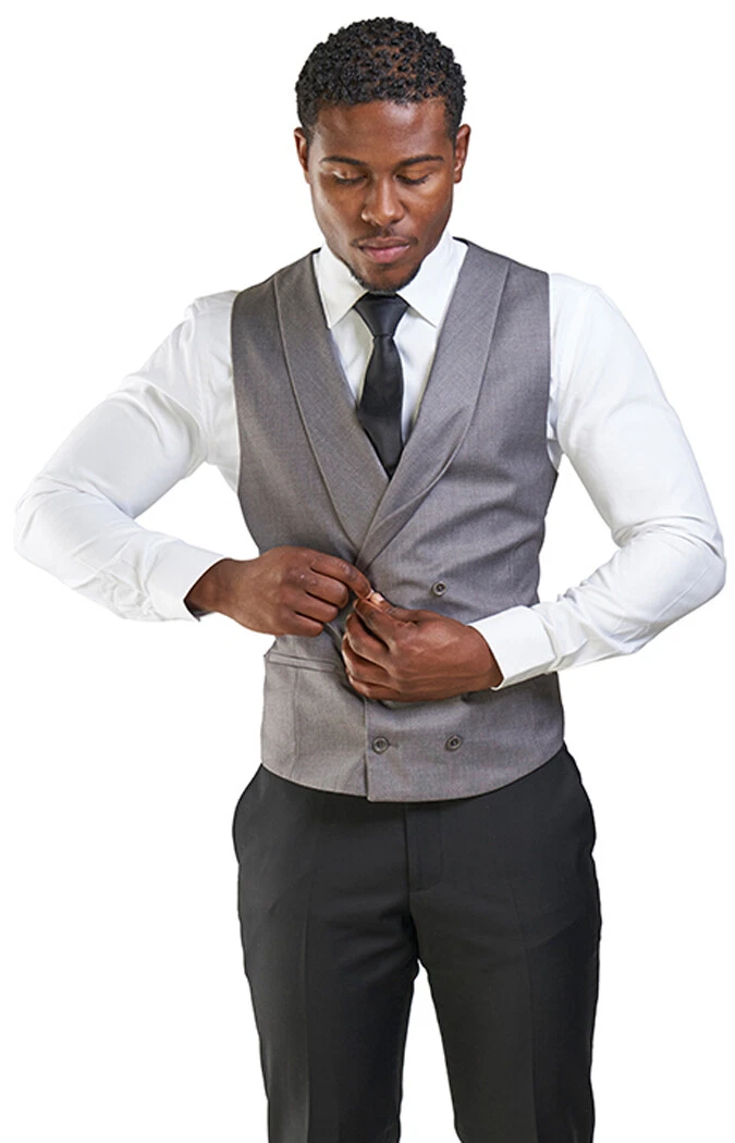 Slim Fit Silver Shawl Lapel Double Breasted 3 Button Mens Dress