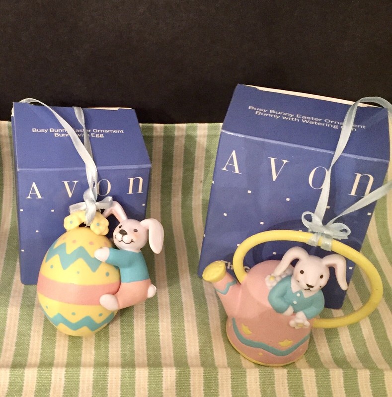 Avon Easter Spring ornament accent piece Bunny W/ Egg Bunny W/ Water Can Lot-2