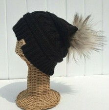 Women's Winter Warm Soft Knit w/ Faux fur Pom Stretchy Ski Beanie hat Black H